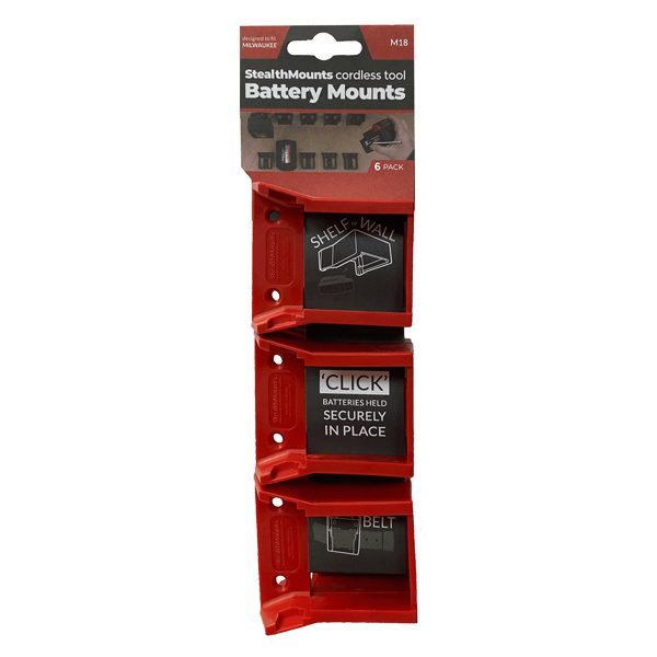 Držiaky batérií pre Milwaukee 18v 6-balenie StealthMounts červené